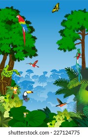 vector Green Tropical Forest jungle Landscape with Trees and animals