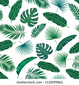 Vector green tropical leaves seamless pattern. Jungle exotic banana leaf, philodendron, areca palm and royal fern. Background summer tropical paradise design vacation.