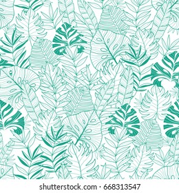 Vector green tropical leaves summer hawaiian seamless pattern with tropical green plants and leaves on navy blue background. Great for vacation themed fabric, wallpaper, packaging.