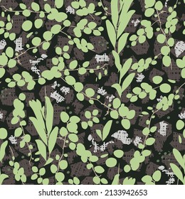Vector green tropical round leaf creeper plant duit-duit Pyrrosia piloselloides on bark seamless background pattern. Suitable for wallpaper and textile.