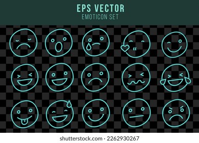 Vector green turquoise neon icon set for mood tracker. Ten scale of color lamp glowing emotion smiles from dissappoited to happy isolated on black. Emoticon element of UI design for client rating, fee