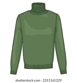 Vector Green Turtleneck Sweater. Men Clothing Cartoon Illustration