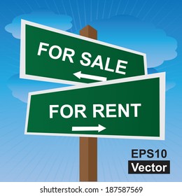 Vector : Green Two Way Street or Road Sign Pointing to For Sale and For Rent in Blue Sky Background