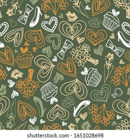 Vector green valentines love doodle hand drawn repeat pattern. Suitable for valentines, wedding, engagement cards.