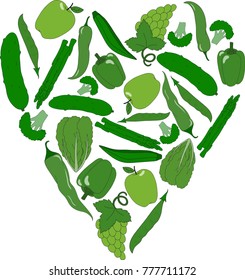Vector green vegetables and fruits drawn in the shape of a heart. hand-drawn healthy food background. without background