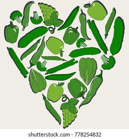 Vector green vegetables and fruits drawn in the shape of a heart. hand-drawn healthy food background.