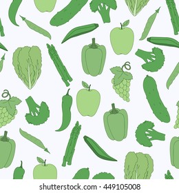 Vector green vegetables and fruits pattern. hand-drawn healthy food seamless background.