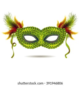 Vector green venetian carnival mask with feathers. EPS