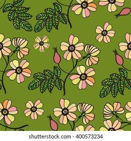 Vector green vintage seamless pattern with pale eglantine roses. Floral texture, bouquet.