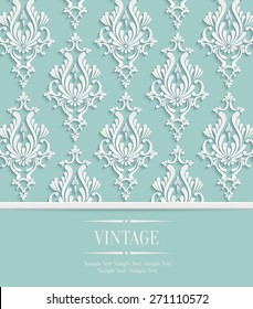 Vector Green Vintage Wedding or Invitation Background with 3d Floral Damask Pattern