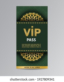 Vector green VIP pass admission flyer template with golden glittering VIP sign, mandalas and pattern background.