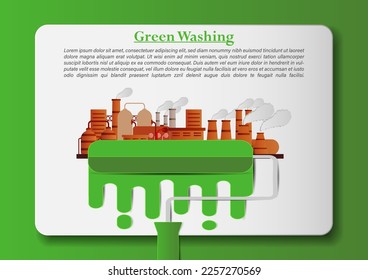 Vector Green Washing factory paint is green Paper art cut out style on Green Blackgroud , Concept Green Washing Corruption.