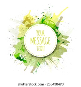 Vector green watercolor background with circle frame for eco banner, poster, card design.