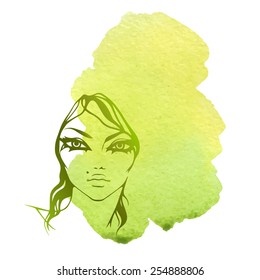 vector green watercolor background and face of the beautiful girl