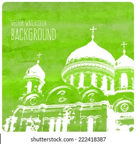 Vector green watercolor background with Saint Basil's cathedral, Moscow, Russia