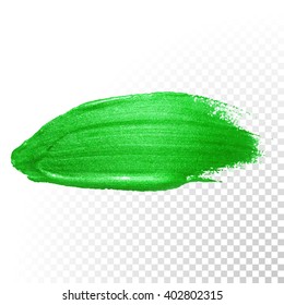 Vector Green watercolor brush stroke. Green varnish splash line trace. Green shape oil paint smear on transparent background.