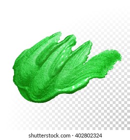 Vector de trazo de pincel de acuarela verde. Seguimiento de la línea de salpicaduras de barniz verde. Marea de pintura de aceite de forma verde sobre fondo transparente.