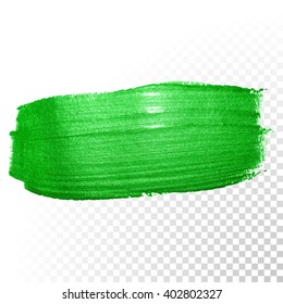 Vector Green watercolor brush stroke. Green varnish splash line trace. Green shape oil paint smear on transparent background.