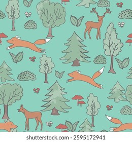 Vector Green Watercolor Forest Animals