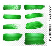 Vector green watercolor glitter brush stroke set. Abstract polish splash trace. Green oil paint smear dab line on transparent background