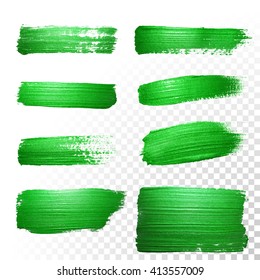 Vector Green Watercolor Glitter Brush Stroke Set. Abstract Polish Splash Trace. Green Oil Paint Smear Dab Line On Transparent Background