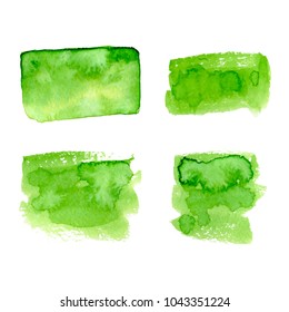 Vector green watercolor natural, organic, bio, eco labels and shapes on white background. Hand drawn stains set