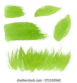 Vector verde aquarela natural, orgânico, bio, eco rótulos e formas, traços, grama em fundo branco. Conjunto de manchas desenhadas à mão. 