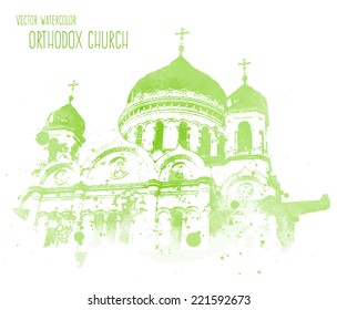 Vector green watercolor Saint Basil's cathedral, Moscow, Russia