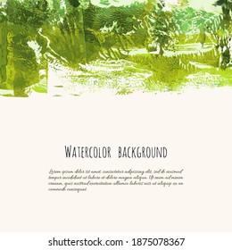 Vector green watercolor texture background with dry brush stains, strokes, spots isolated on white. Abstract artistic lime green grass frame, place for text. Acrylic hand painted gradient backdrop.