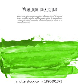 Vector green watercolor texture background with dry brush stains, strokes, spots isolated on white. Abstract artistic lime green grass frame, place for text. Acrylic hand painted gradient backdrop.