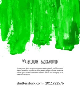 Vector green watercolor texture background with dry brush stains, strokes, spots isolated on white. Abstract artistic lime green grass frame, place for text. Acrylic hand painted gradient backdrop.
