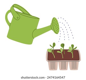 Vector green watering can isolated on a white background. Gardening tools. Seedlings are watered from a watering can.