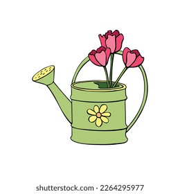 Vector green watering can as vase with red tulips flowers in hand drawn doodle flat style, isolated. Cute seasonal spring gardening floral illustration, clip art