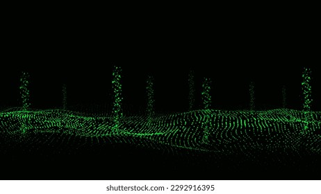 Vector green wave with motion dots. Abstract digital background. Concept connection big data. Sending data to the internet in form particle. Futuristic technology backdrop.