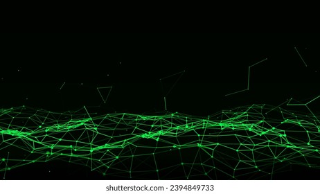 Vector green wave with motion dots and lines. Abstract digital background. Concept connection big data. Futuristic technology backdrop.