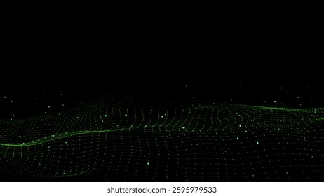 Vector green wave with motion dots and lines. Abstract digital background. Concept connection big data. Futuristic technology backdrop.