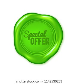 Vector green wax seal isolated on white, special offer, vegan product