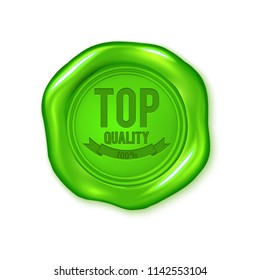 Vector green wax seal isolated on white, top quality, vegan product