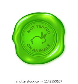 Vector green wax seal isolated on white, not tested on animals, cruelty free, vegan product