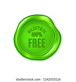 Vector green wax seal isolated on white, gluten free, vegan product
