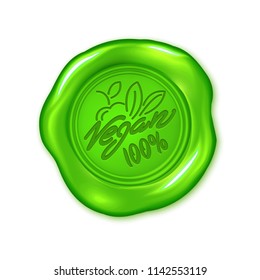 Vector green wax seal isolated on white, vegan product