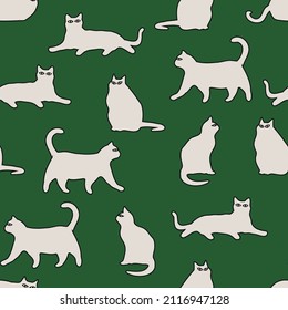 Vector green and white cats texture seamless pattern background. Unique and funny. Perfect for fabric, wallpaper, scrapbooking and stationery. Surface pattern design.