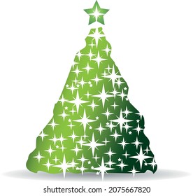 Vektorgrün-weißer Weihnachtsbaum mit Sternen und Glitter, Cartoon-Stil