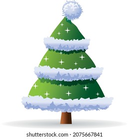 árbol de navidad vectorial verde y blanco con nieve, estilo de caricatura