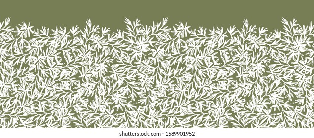Vector green and white herb rosemary horizontal border repeat pattern with sketched leaves texture. Perfect for fabric and invitation cards.