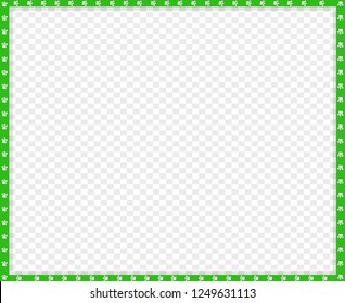 Vector green and white rectangle border made of animal paw prints on transparent background. Copy space template, border, framework, photo frame, poster, banner, cats or dogs paws walking track.