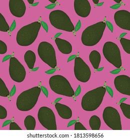 Vector green whole avocados seamless pattern pink background. Perfect for textile design, fashion prints, paper backgrounds.