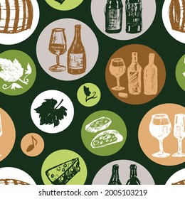 Vector green wine bar pen sketch doodle in circles seamless background pattern with bread and cheese. Suitable for textile, gift wrap and wallpaper.
