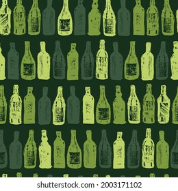Vector green wine bottles sketch illustration seamless pattern. Perfect for fabric, restaurant menu and wallpaper projects.