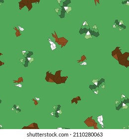 Vector Green Winter animals with trees background pattern